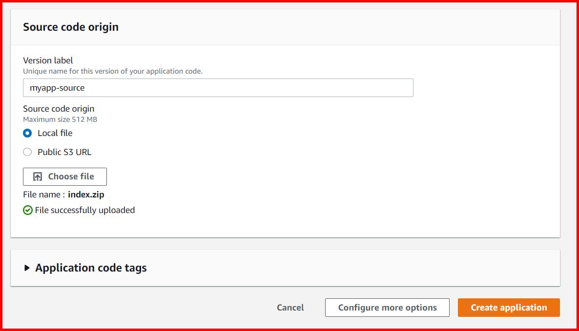 Picture showing the section for uploading the source code in the create application screen